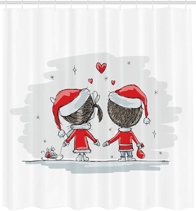 Ambesonne Christmas Shower Curtain, Soul Mates Love with Santa Costume Family Romance in Winter Night Picture Print, Cloth Fabric Bathroom Decor Set with Hooks, 69" W x 84" L, Red White