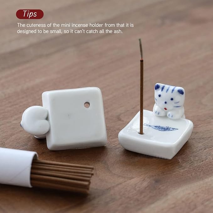 Set of 2, Japanese Mini Cute Kitty Cat with Dog Handmade White Ceramic Incense Stick Holder or Incense Burner Holder, Inscent Tray for Home Decor Yoga Spa Meditation, 1.42 inches