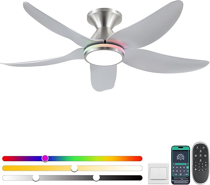 46" Ceiling Fans with Lights Remote/APP Control, Low Profile Ceiling Fans with Dimmable White Colors+Ring RGB Lights, 6 Speeds 5 Reversible Curved Blades for Kids Room Bedroom Living Room Bar, Nickel