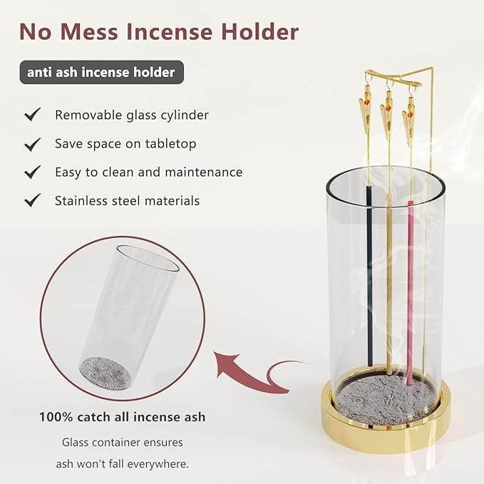 Incense Holder Ash Catcher - Upside Down Glass Incense Holder for Sticks, Reverse Inverted Anti Ash No Mess Insence-Stick Holder, Modern Metal Vertical Incense Burner for House Decor, Gold