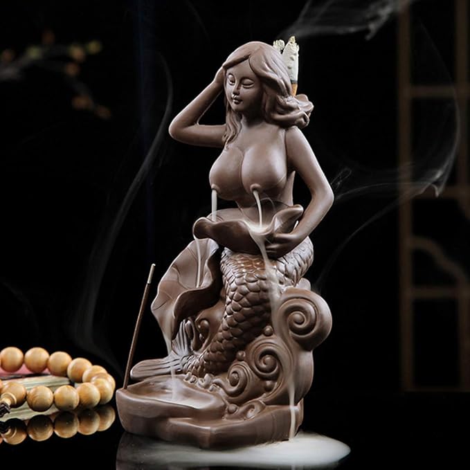 OTOFY Mermaid Ceramic Incense Holder Backflow Incense Burner with 10 Incense Cones Artwork Home Décor Figurine Aromatherapy Sculptures Fantasy Gifts (Mermaid)