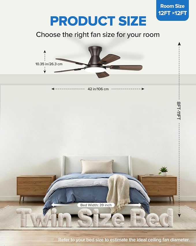 UME 42" Ceiling Fan with Lights & Remote, 6 Blades Low Profile Ceiling Fan, Quiet DC Motor, Natural Wind, 6 Speeds, 3CCT Dimmable 20W LED Modern Ceiling Fan for Bedroom, Living Room, Brown