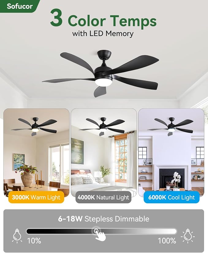 Sofucor 52 Inch Ceiling Fans with Lights and Remote, Outdoor Ceiling Fan with Light 6-Speed 3 CCT 3-Timer, Black Low Profile Ceiling Fan 5 Blade Reversible DC Motor for Living Room Bedroom Patio