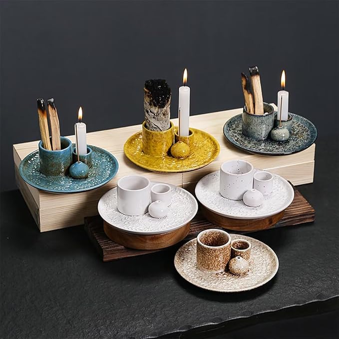 Incense Burner, Sage Palo Santo Candle Sticks Holder for Burning with Ash Catcher Tray, Handmade Ceramic Multi-Use Aromatherapy Tray for Meditation, Yoga, Home Decor (White)