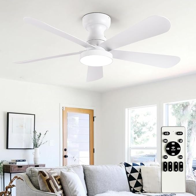 Depuley Small Ceiling Fan with Lights: 42-Inch Flush Mount Fan with Light and Remote - White Low Profile Ceiling Fans Reversible Quiet DC Motor for Bedroom Living Room Indoor Outdoor