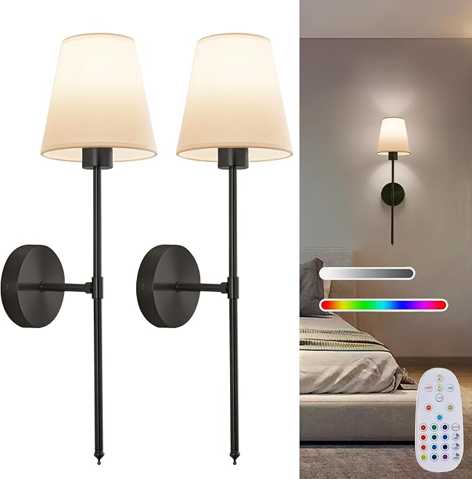Wall sconces Set of Two Battery Operated – Rechargeable Wireless Wall Lights with Remote, 15 Colors & Dimmable Detachable Bulbs, Black Wall Lamps for Bedroom, Living Room, Hallway, and Home Decor