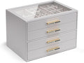 VLANDO 4-Drawer Jewelry Box with Glass Lid, Faux Leather Organizer for Rings Earrings Necklaces and More, Gift-Ready Jewelry Case for Women Girls or Moms, Grey