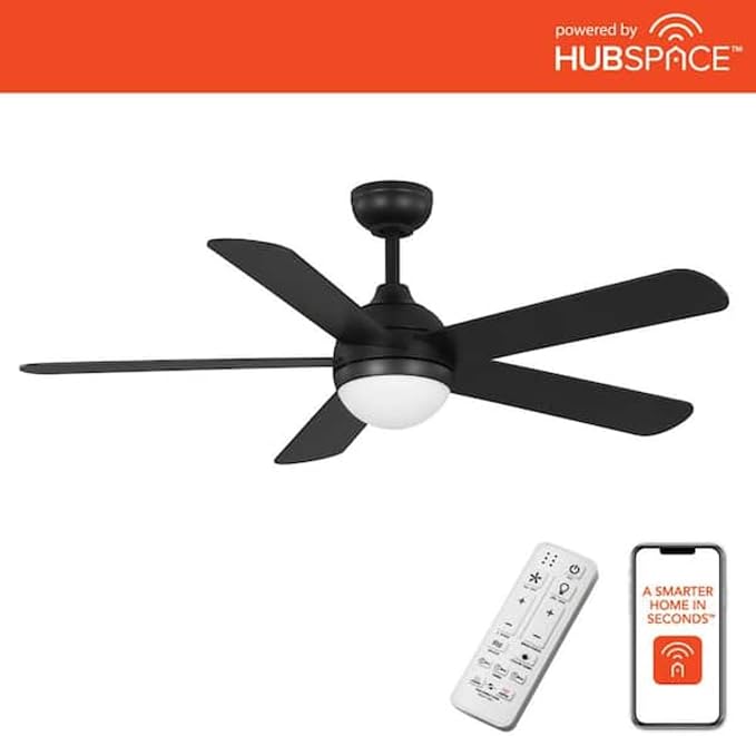 Hampton Bay Morland 52 in. Smart Indoor/Covered Outdoor Matte Black Ceiling Fan with Remote and Integrated LED Powered by Hubspace 59080