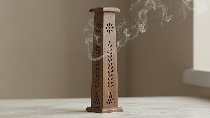 Wooden Incense Stick & Cone Burner Holder Tower Large Organic Eco Friendly Ash Catcher Agarbatti Holder Rustic Style Hand Carved for Meditation Yoga Aromatherapy Home Fragrance Products