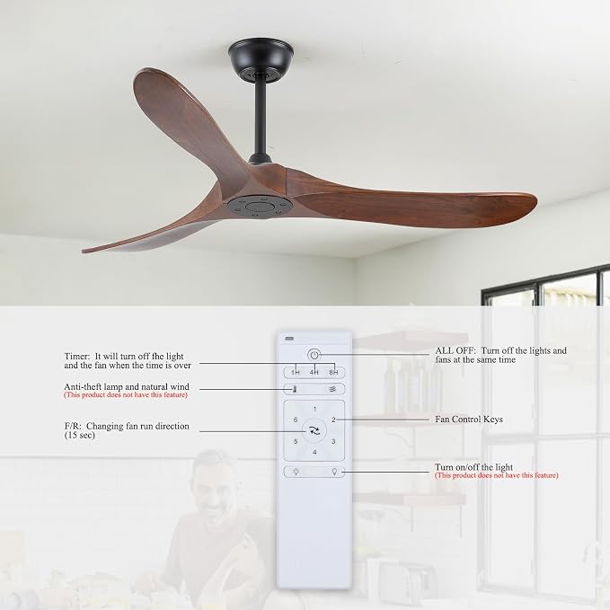 Walnut Wood 52" Ceiling Fan, No Light, 6-Speed, Reversible 3 Blades, Timed Shutdown, Silent DC Motor, for Bedroom, Porch and Living Room