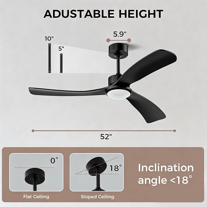 Obabala 52 Inch Ceiling Fan with Light and Remote, 3 black Solid Wood Blades, DC Motor Quiet 35dB, Dimmable LED Reversible for Bedroom Living Room Indoor Outdoor, 6 Speed Timer Downrod