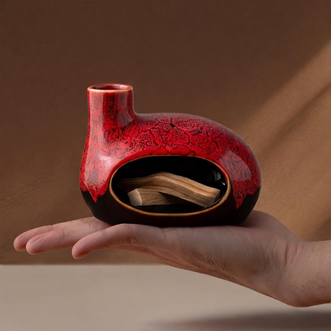 Handcrafted Ceramic Palo Santo Holder – Artistic Incense Burner for Meditation, Mindfulness and Zen Home Decor – Wabi-Sabi Style Cone Sculpture, Gift for Yoga, Relaxation & Aromatherapy (Red)