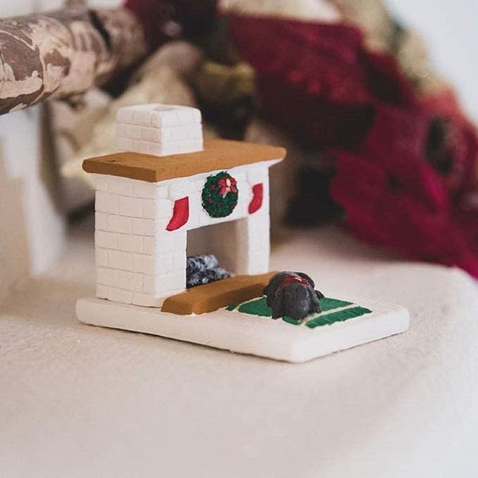 Incienso de Santa Fe - Holiday White Country Hearth with Black Lab Puppy Natural Wood Incense Burner, Includes 20 Piñon Incense Bricks - Made in The USA