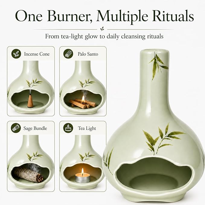 Handmade Ceramic Palo Santo Holder, Incense Burner with Chimney and Ash Catcher for Palo Santo Sticks, Sage & Incense Cones, Mini Fireplace Decor for Reading, Meditation, Yoga, Weekend