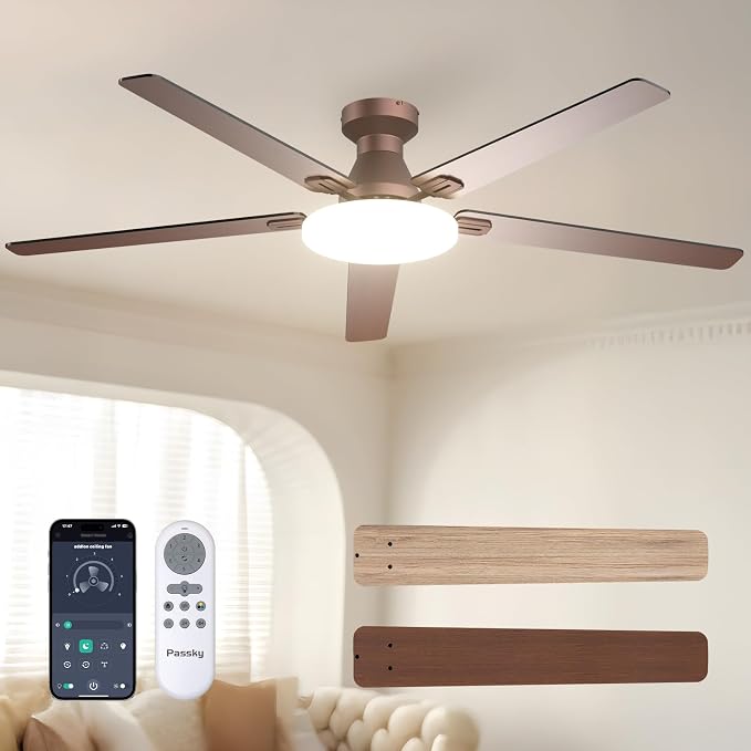 Passky Ceiling Fans with Lights, 60 inch Flush Mount Ceiling fan with Remote Control, Low Profile Ceiling Fan for Bedroom, Farmhouse, Reversible, 3CCT, Dimmable, Noiseless DC Motor, Brown