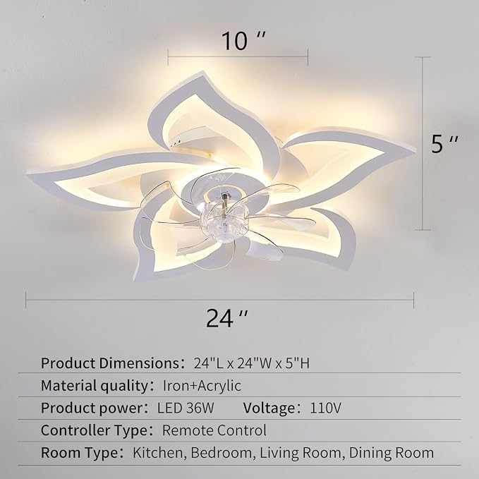 White Flower Modern CeilingFans with Lights, Low Profile Ceiling Fan with Remote for Bedroom, Flush Mount Ceiling Fan with LED Dimmable Light,3-Colors, 6-Speeds, Timing CeilingFan Light