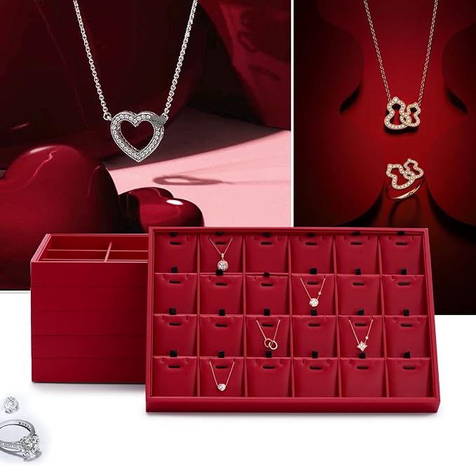 Oirlv Red Leather Jewelry Organizer 24-Grid | Red Leather Exterior, Soft Microfiber Interior, 35X24X3Cm, Vibrant Red Color, Removable Dividers, Great for Retail Display
