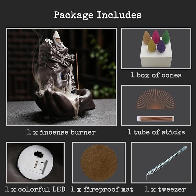 Skull Dragon Incense Burner Holder - Backflow Waterfall Cone Incense Holder, LED Ceramic Unique Skeleton Incense Burner with 15 Incense Cones for Halloween/Aromatherapy/Yoga/Home/Office Deco