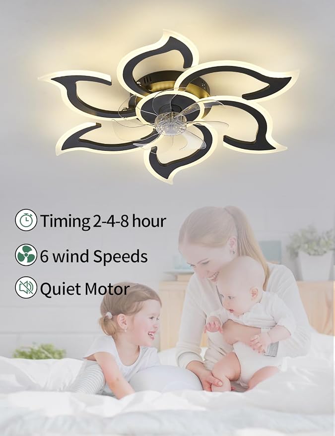 Flower Ceiling Fans with Lights and Remote, 34.5 Inch Modern Low Profile Flush Mount Ceiling Fan, Dimmable LED Ceiling Light Fixture, Small Ceiling Fans for Bedroom, Kitchen, Indoor-Black