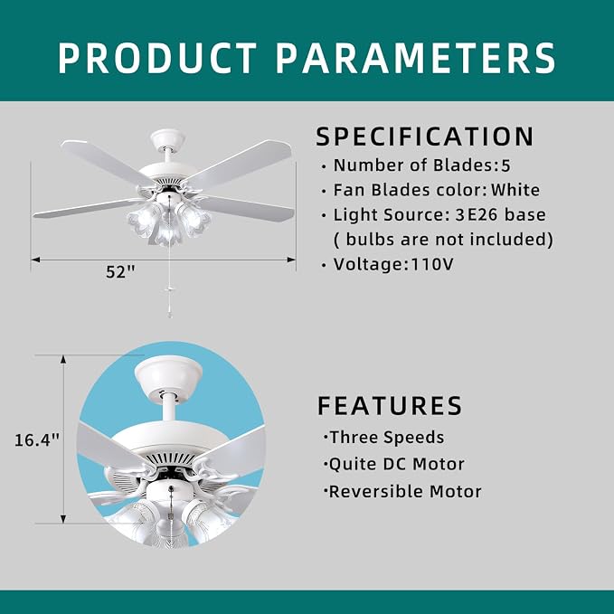 52 Inch Indoor Ceiling Fan with Pull-Chain and LED Light Bulbs Base, Traditional 3-Speeds Reversible Blades Ceiling Fan (White)