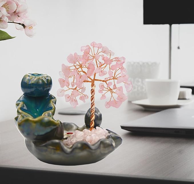 Dreamgirnh Backflow Incense Holder, Waterfall Incense Burner, Gemstone Money Tree Home Living Room Decorations Office Accessories for Women, Mothers Day Mom Gifts (Rose Quartz)