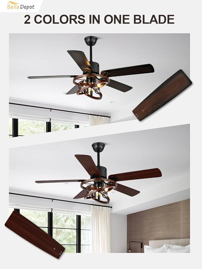 Bella Depot 52 Inch Farmhouse Ceiling Fan Chandelier with LED Light, 6-Speed, Reversible, Timer, Remote Control for Large Living Room, Covered Patio