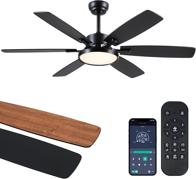 Hounberi 52 Inch Ceiling Fans with Lights and Remote, Modern Black Ceiling Fan with Light, Quiet DC Reversible Motor, 3CCT Dimmable, Modern Indoor Outdoor Ceiling Fan for Bedroom, Living Room