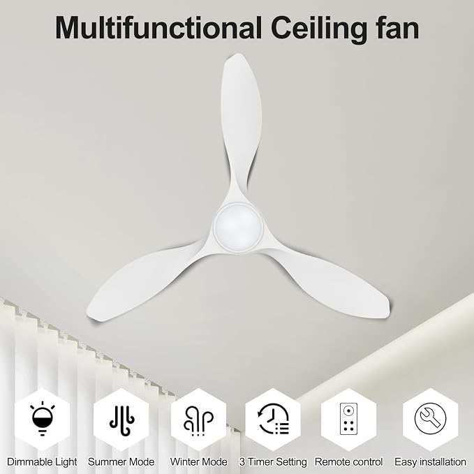 ocioc 42 inch Ceiling Fans with Lights and Remote, Dimmable Ceiling Fans with Reversible Quiet DC Motor, Flush Mount, 3CCT, White Ceiling Fan for Bedroom Living Room Indoor/Outdoor