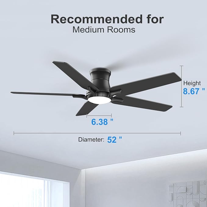 POCHFAN 52 Inch Black Ceiling Fans with Lights and Remote, Flush Mount Low Profile Ceiling Fan for Bedroom, Living Room, Patio, Dimmable 6 Speeds Noiseless Reversible, ETL Listed