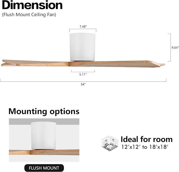WINGBO 54 Inch Flush Mount DC Ceiling Fans without Lights, 5 Carved Solid Wood Blades, 6-Speed Reversible DC Motor, Low Profile Hugger Ceiling Fan No Lights for Indoor and Outdoor, White and Oak