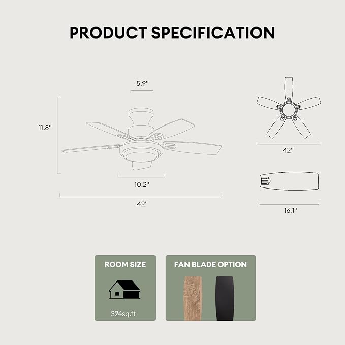 Ceiling Fans with Lights and Remote Control, 42 Inch Low Profile Ceiling Fan with Quiet Reversible DC Motor, Dimmable LED Lighting, 6 Speeds, Timer, Black Ceiling Fan for Bedroom Living Room