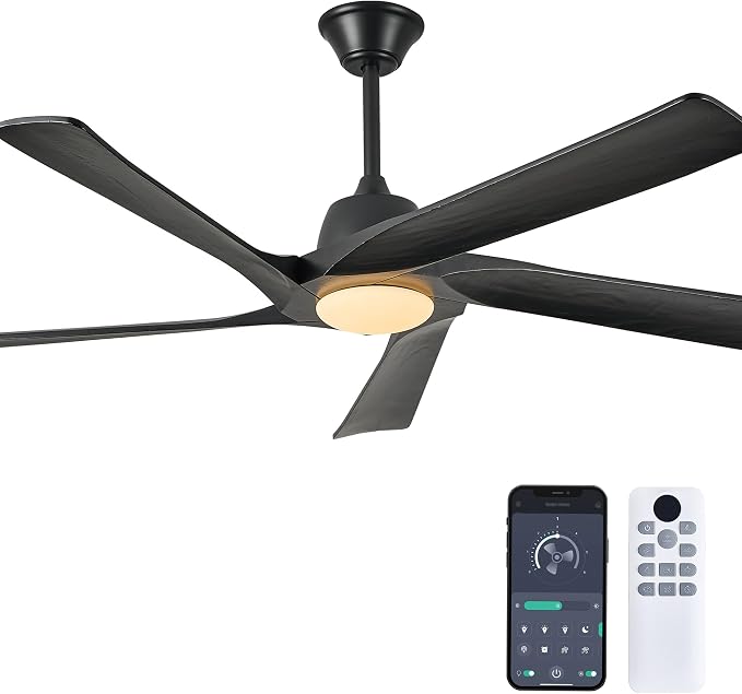 60 Inch Solid Wood Ceiling Fan with Light, Remote and APP Control, 3-color Dimmable, DC Motor, 6-speed Reversible, Farmhouse Ceiling Fans for Bedrooms, Outdoor Patios, Black