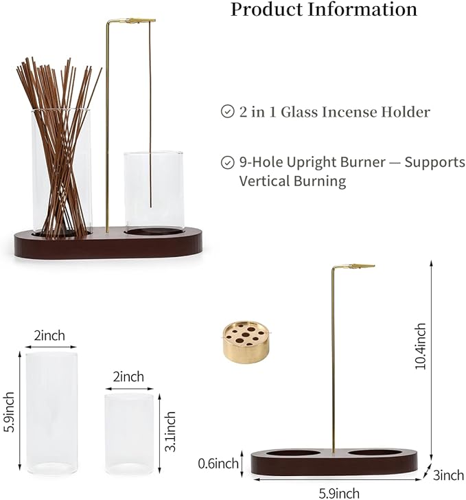 Glass Incense Holder for Sticks, Hang Upside Down Incense Burner with Storage & Ash Catcher, Anti-Ash 2 in 1, Comes with Brush & Greeting Card, Meditation Yoga Home Decor Gift