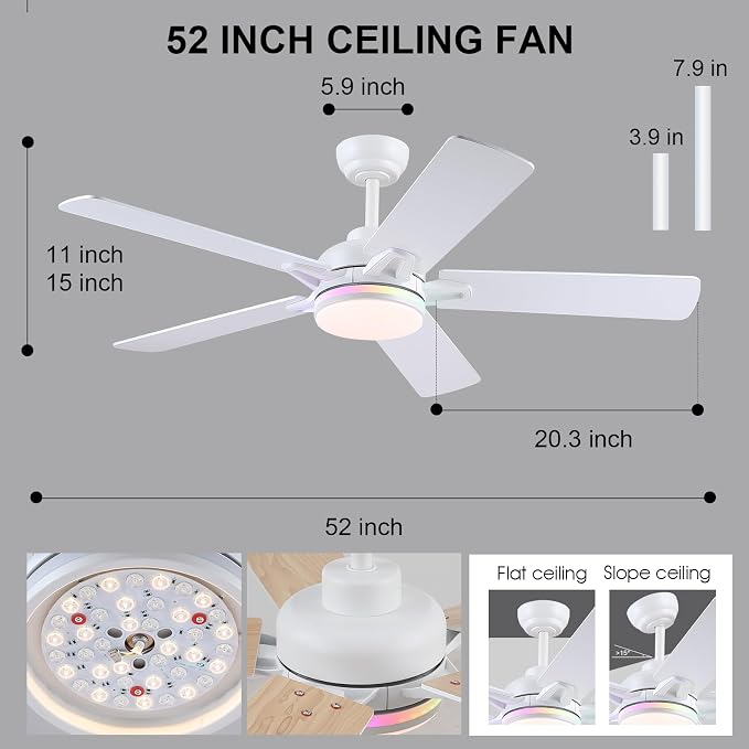 Kviflon 52 Inch Ceiling Fans with Lights, Modern RGB Ceiling Fans, White Ceiling Fan with Light for Bedroom Living Room, Remote/APP Control, Reversible Quiet DC Motor, Dimmable LED, Wooden Blades