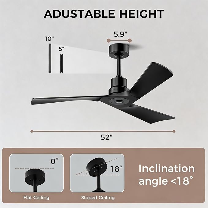 Obabala Ceiling Fan 52 Inch with Remote, Solid Wood Blades DC Motor 5000 CFM Quiet 35dB, Reversible 6 Speed Modern Farmhouse for Bedroom Living Room Indoor Outdoor, No Light with Downrod
