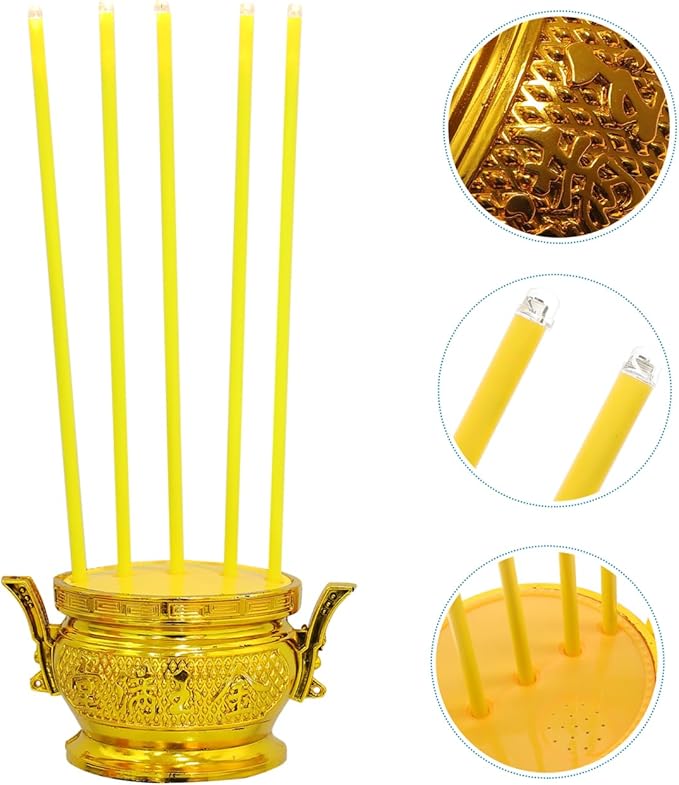 PRETYZOOM LED Electric Incense Burner – Smokeless Flameless 5-Stick Censer, 10.03×4.72×2.36 in, Gold Metal – Battery Operated for Buddhist Altar, Meditation Room, Home Decor