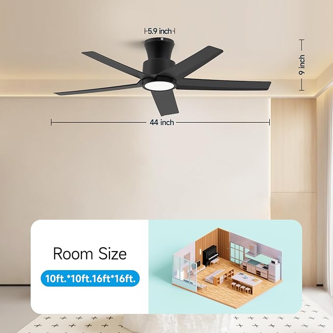 ocioc 44 Inch Ceiling Fans with Lights, Large Air Volume Ceiling Fan with Nightlight, Ultra Quiet Reversible DC Motor with Remote（Black）