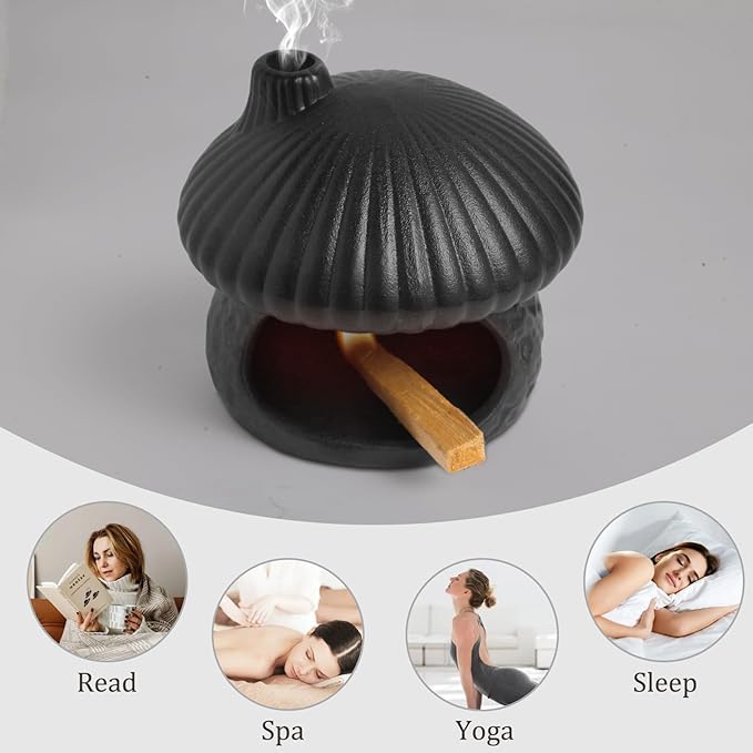 Palo Santo Holder Mushroom Shape, Ceramic Sage Holder for Burning Palo Santo Burner for Meditation, Yoga and Relaxation(Black)