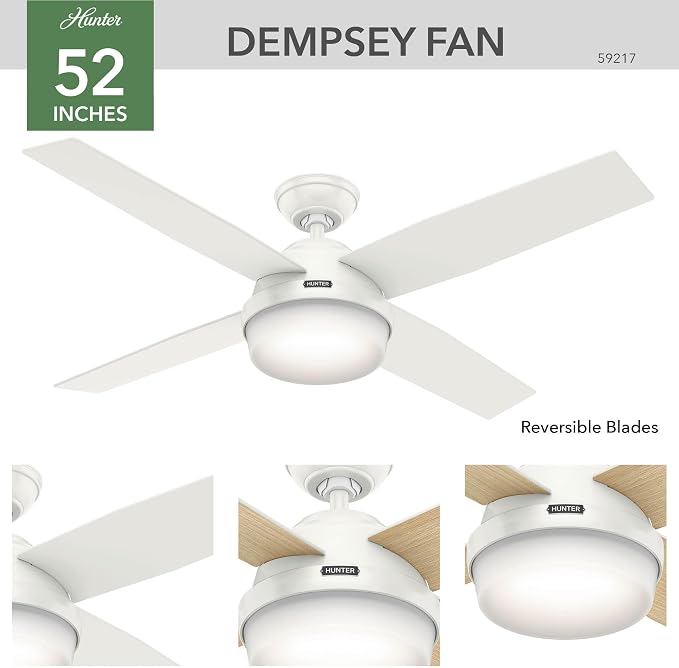 Hunter Dempsey, Indoor, Ceiling Fan, Modern, Quiet, 52 inch, Fresh White