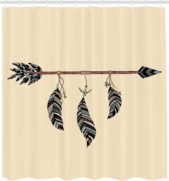 Ambesonne Arrows Shower Curtain, Arrow in Ethnical Pattern with Feathers Native Tribal Design Print, Cloth Fabric Bathroom Decor Set with Hooks, 69" W x 75" L, Beige Black