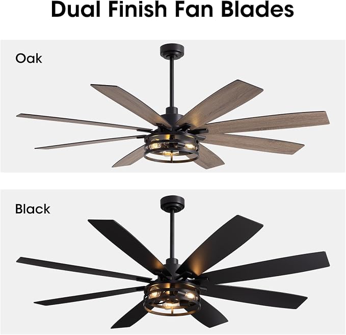 LuminFan 72 inch Large Ceiling Fans with Lights and Remote, Black Modern Ceiling Fan for Living Room, Patios, 6 Speed Reversible Quiet DC Motor, 8 Blades, Easy to Install