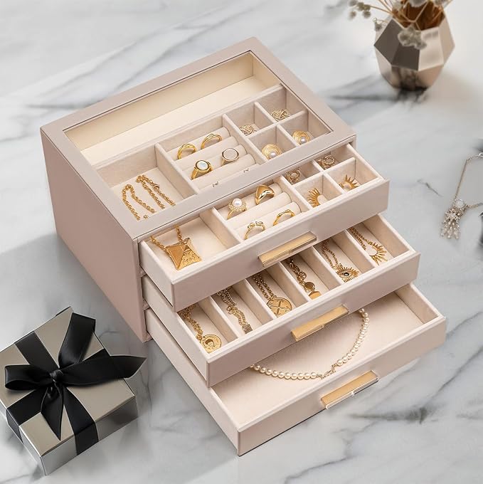 VLANDO Jewelry Box for Women, 3-Layer Jewelry Organizer with Drawers, Glass Lid Display Jewelry Storage, Soft PU Leather Exterior, Contrast Gold Metal Handles, Refined Style – Toffee