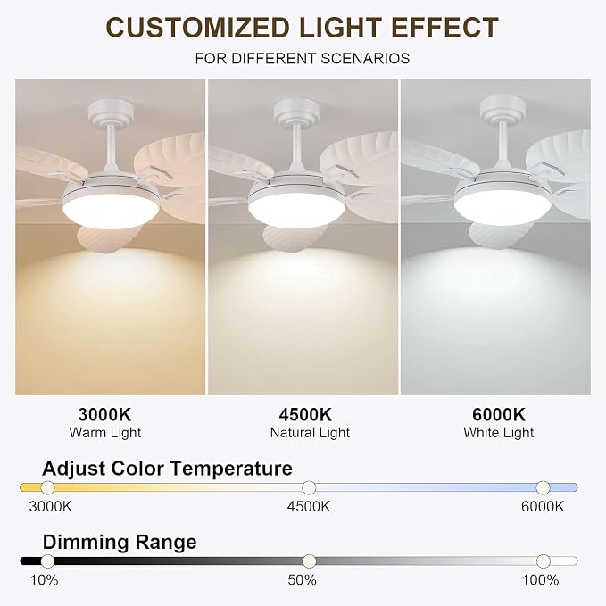 PHORUS 52" White Tropical Outdoor Palm Leaf Ceiling Fans with Lights Remote | Supports Remote and APP, 6 Wind Speeds, Reversible, Dimmable 3CCT LED, 50W Quiet DC Motor,Suits for Living Room Bedroom Patio