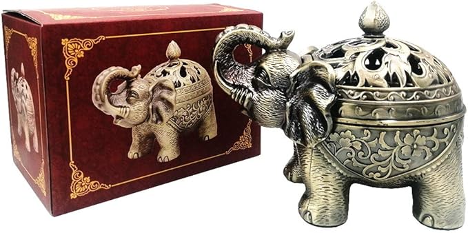 Hourwof Metal Elephant Incense Holder,Vintage Cone Coil Incense Burner with Lid,Ash Catcher,Aromatherapy Ornament Home Office Decor,Bronze