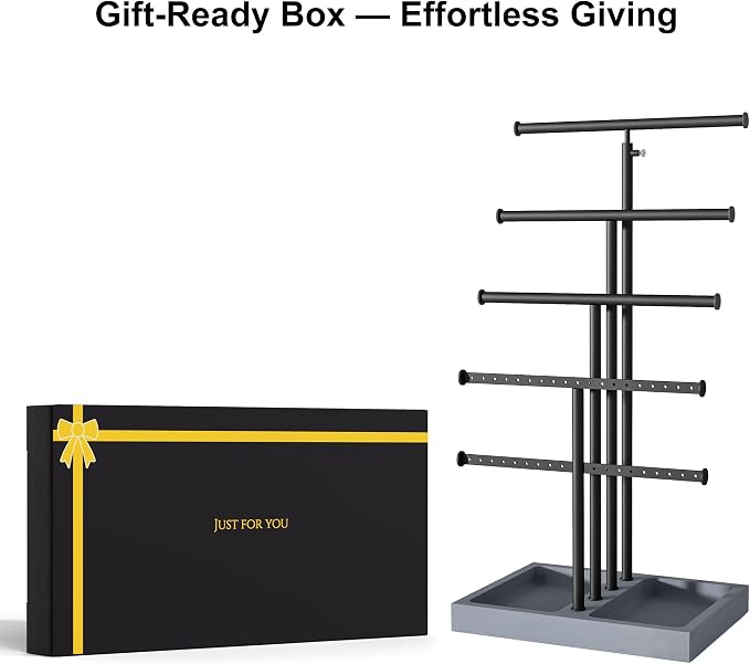 Love-KANKEI Jewelry Organizer Stand, 5 Tier Large Necklace Holder with Wood Base, Jewelry holder stand Tree for Display, Bracelets Earrings Rings, Height Adjustable Gift Weathered Grey