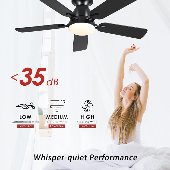 Mpayel 46 Inch Ceiling Fans with Lights and Remote, Black Ceiling Fan with Light Flush Mount, Low Noise, Reversible, Dimmable, Modern Low Profile Ceiling Fan with Light for Bedroom Indoor Outdoor