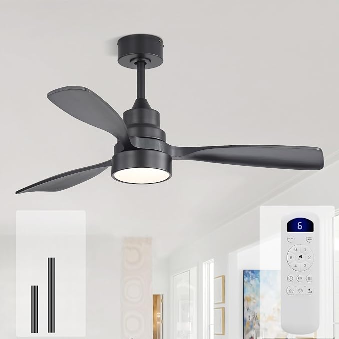 Sofucor 48 Inch Ceiling Fan with Lights and Remote Control, Black | Flush Mount&Downrod Mount, Solid Wood Blade, 1/4/8 H Timer, Quiet DC Motor, Indoor Outdoor Bedroom/Living Room/Patio/Kitchen