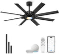 60 Inch Ceiling Fan with Light, Black Indoor Outdoor Ceiling Fan with 8 Aluminium Metal Blades, Smart Fan with Alexa, Modern Quiet Fan for Patio, Garage, Living Room, ZCCF05ABK-60