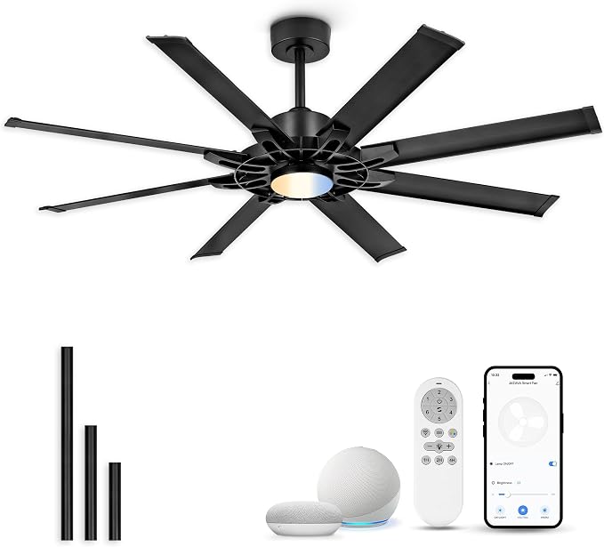 60 Inch Ceiling Fan with Light, Black Indoor Outdoor Ceiling Fan with 8 Aluminium Metal Blades, Smart Fan with Alexa, Modern Quiet Fan for Patio, Garage, Living Room, ZCCF05ABK-60