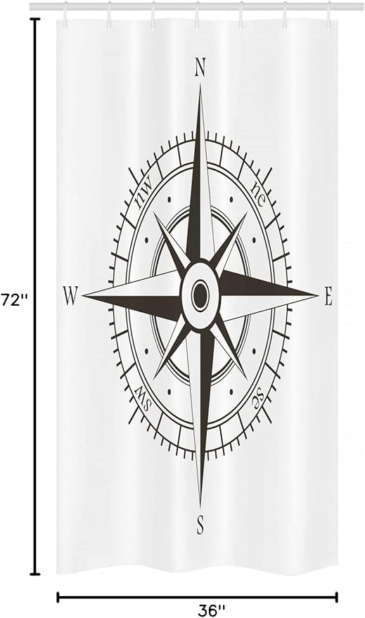 Ambesonne Compass Stall Shower Curtain, Wind Rose Old Fashion Navigational Equipments Orienteering Illustration Print, Fabric Bathroom Decor Set with Hooks, 36" W x 72" L, Evergreen White